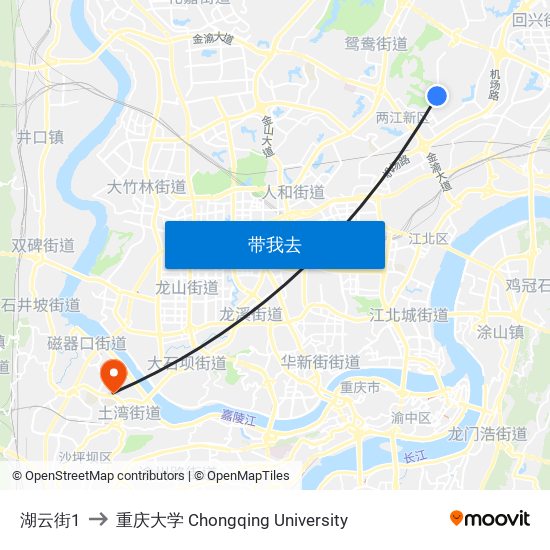 湖云街1 to 重庆大学 Chongqing University map