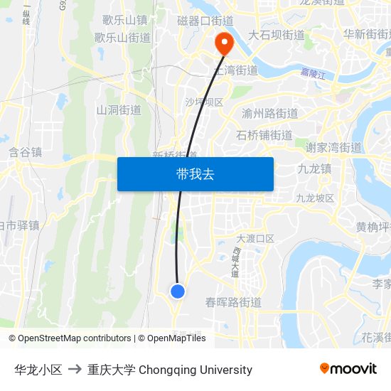 华龙小区 to 重庆大学 Chongqing University map