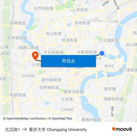 北滨路1 to 重庆大学 Chongqing University map