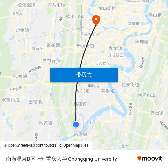 南海温泉B区 to 重庆大学 Chongqing University map