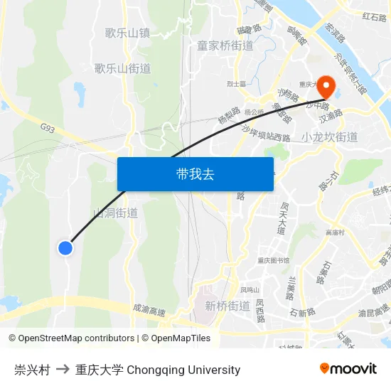 崇兴村 to 重庆大学 Chongqing University map