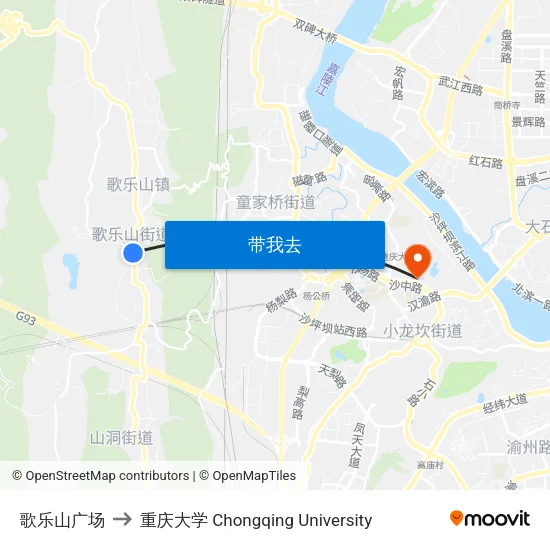 歌乐山广场 to 重庆大学 Chongqing University map