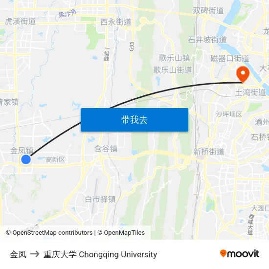 金凤 to 重庆大学 Chongqing University map