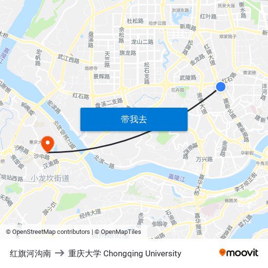 红旗河沟南 to 重庆大学 Chongqing University map