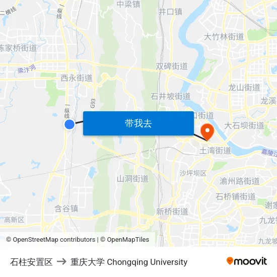石柱安置区 to 重庆大学 Chongqing University map