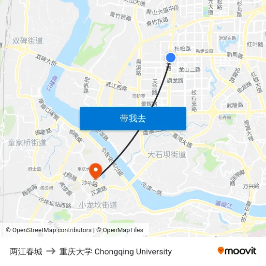 两江春城 to 重庆大学 Chongqing University map