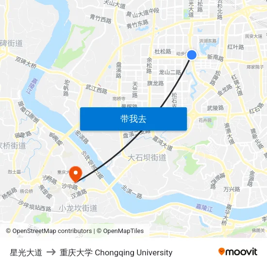 星光大道 to 重庆大学 Chongqing University map