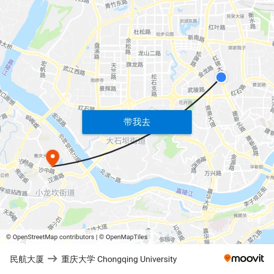 民航大厦 to 重庆大学 Chongqing University map