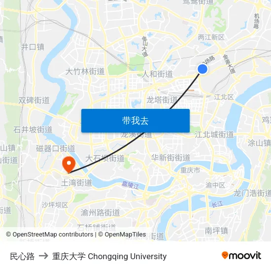 民心路 to 重庆大学 Chongqing University map