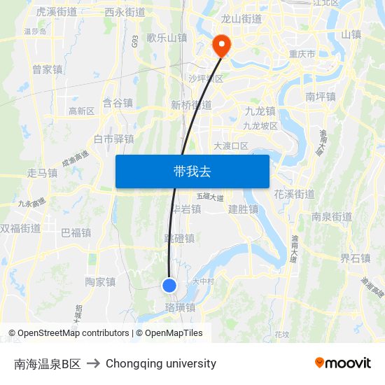 南海温泉B区 to Chongqing university map