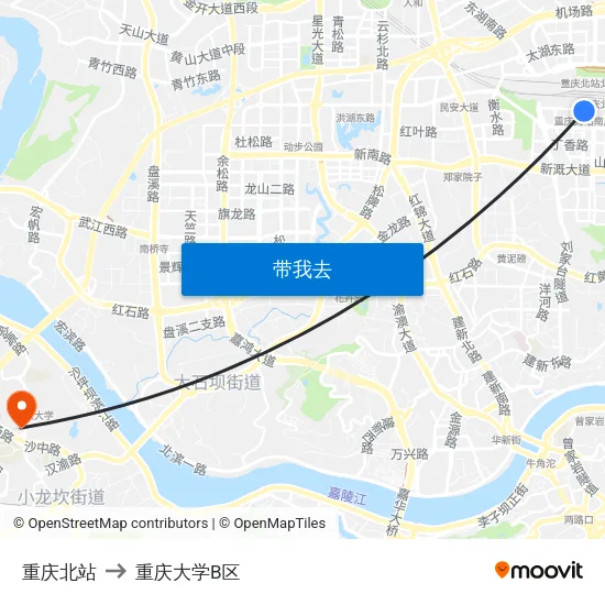 重庆北站 to 重庆大学B区 map
