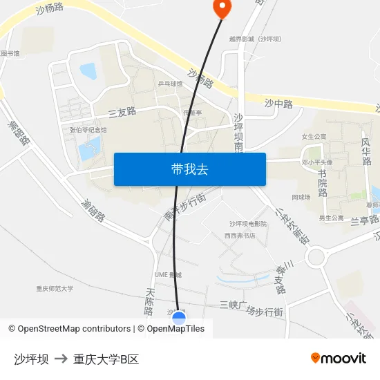 沙坪坝 to 重庆大学B区 map
