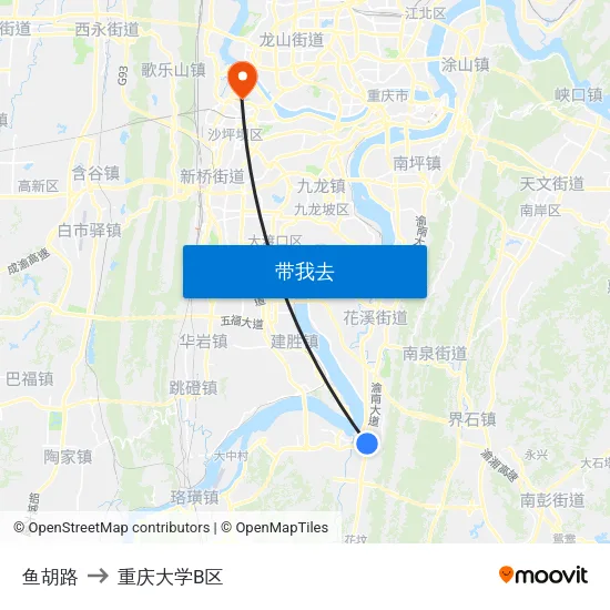 鱼胡路 to 重庆大学B区 map