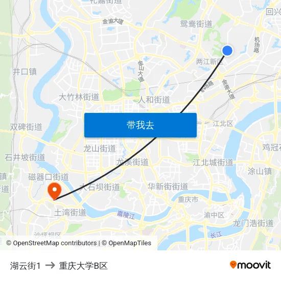 湖云街1 to 重庆大学B区 map