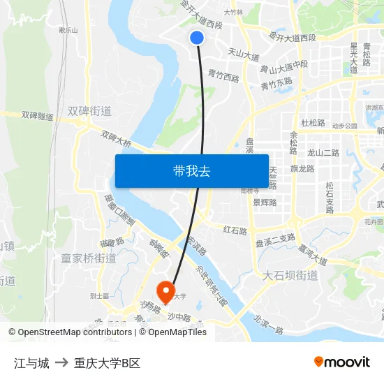 江与城 to 重庆大学B区 map