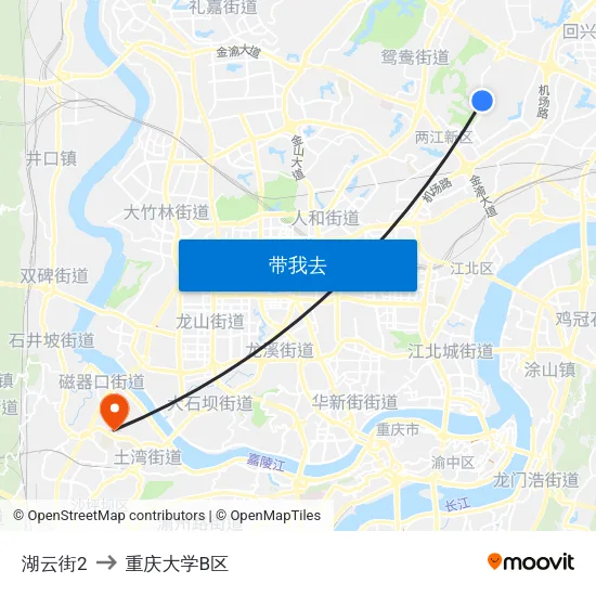 湖云街2 to 重庆大学B区 map
