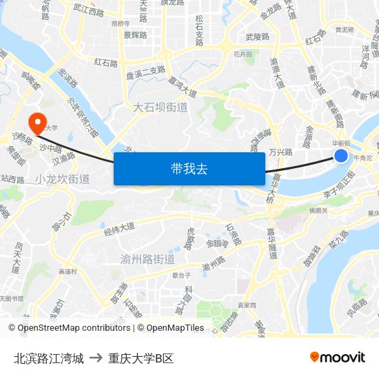 北滨路江湾城 to 重庆大学B区 map