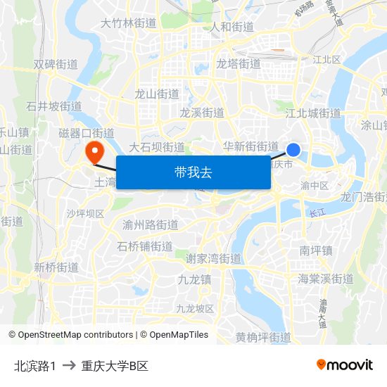 北滨路1 to 重庆大学B区 map