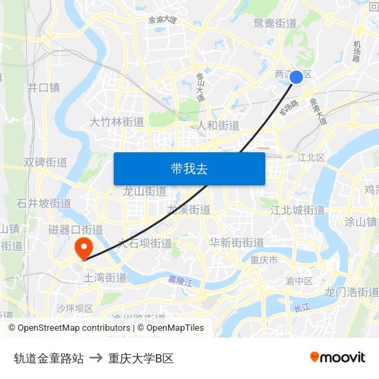 轨道金童路站 to 重庆大学B区 map