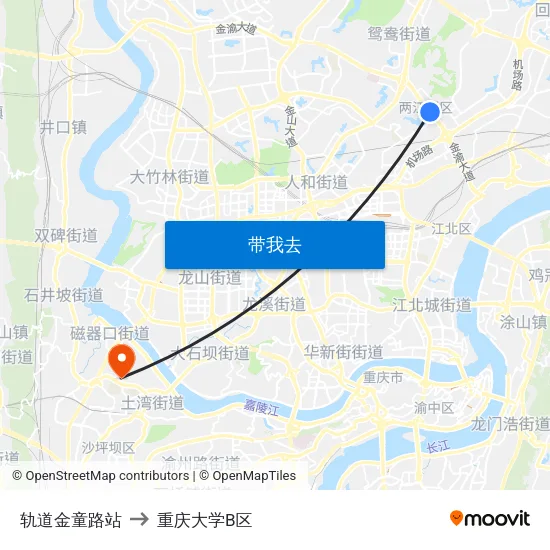 轨道金童路站 to 重庆大学B区 map