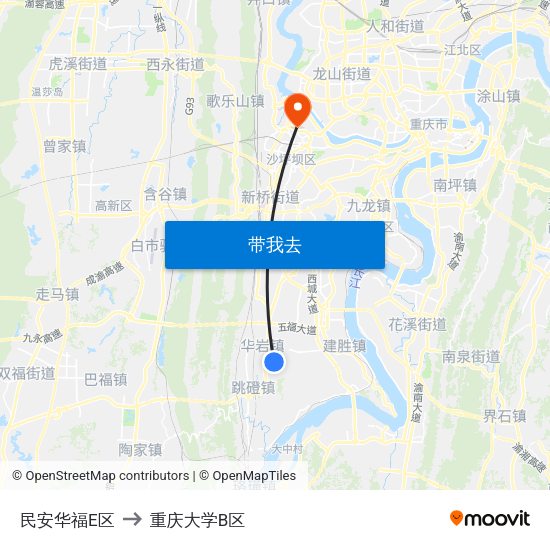 民安华福E区 to 重庆大学B区 map