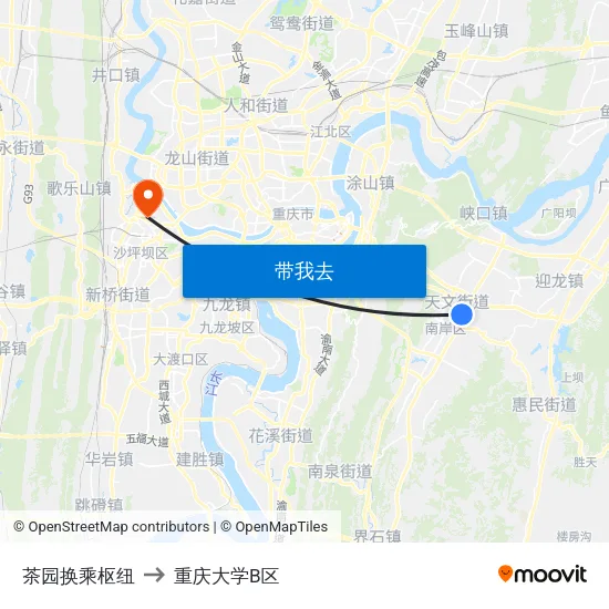 茶园换乘枢纽 to 重庆大学B区 map