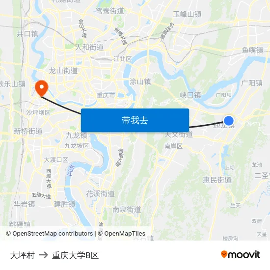 大坪村 to 重庆大学B区 map