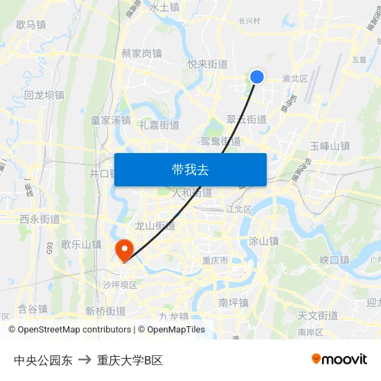 中央公园东 to 重庆大学B区 map