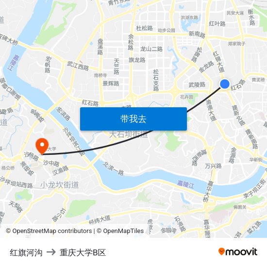 红旗河沟 to 重庆大学B区 map