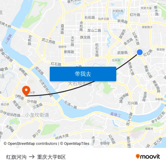 红旗河沟 to 重庆大学B区 map