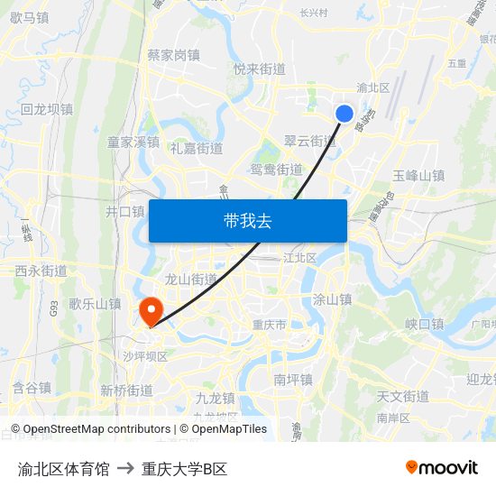 渝北区体育馆 to 重庆大学B区 map
