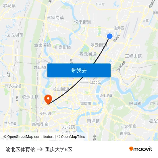 渝北区体育馆 to 重庆大学B区 map