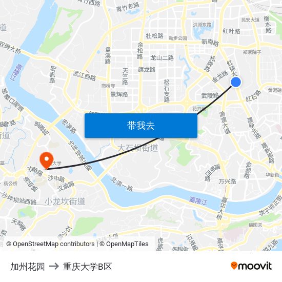 加州花园 to 重庆大学B区 map