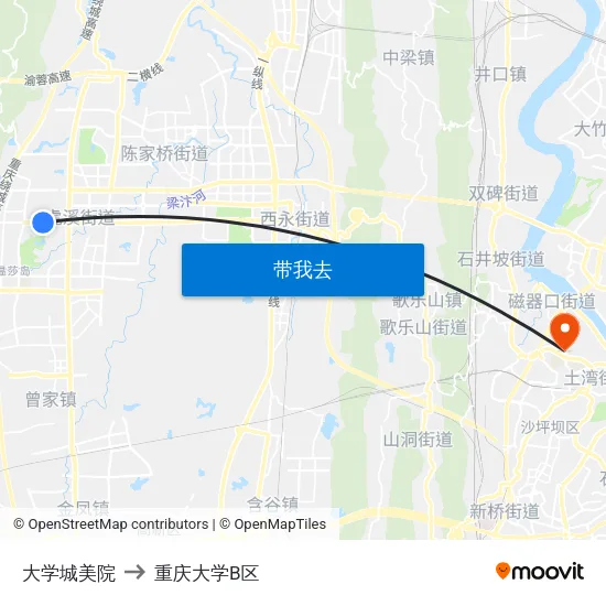 大学城美院 to 重庆大学B区 map