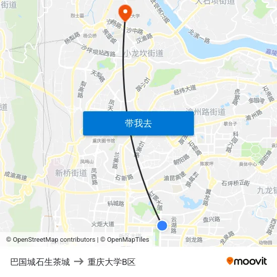 巴国城石生茶城 to 重庆大学B区 map