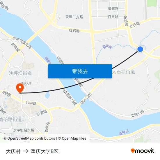 大庆村 to 重庆大学B区 map