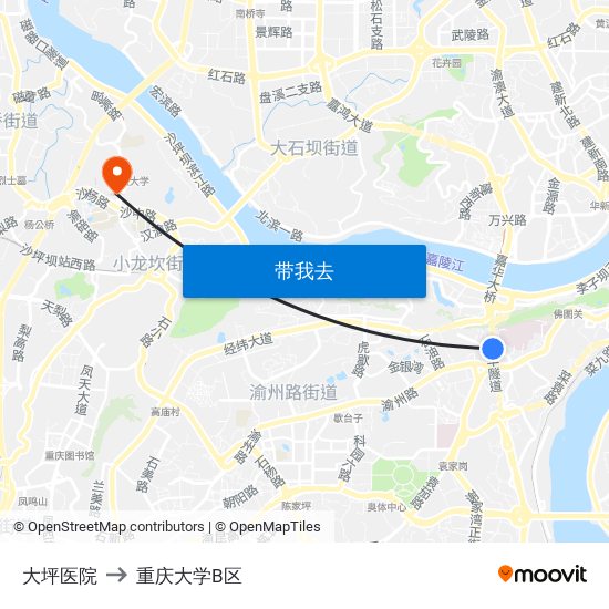 大坪医院 to 重庆大学B区 map