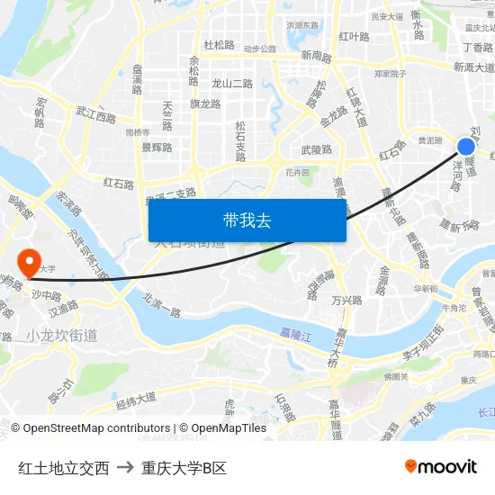 红土地立交西 to 重庆大学B区 map