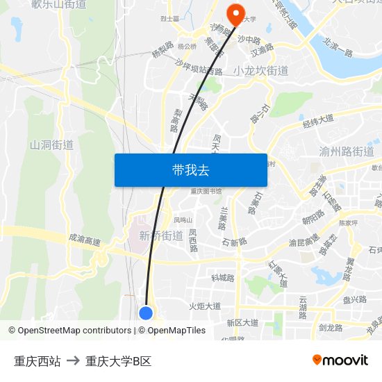 重庆西站 to 重庆大学B区 map