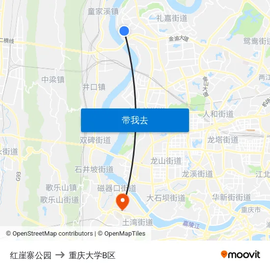 红崖寨公园 to 重庆大学B区 map