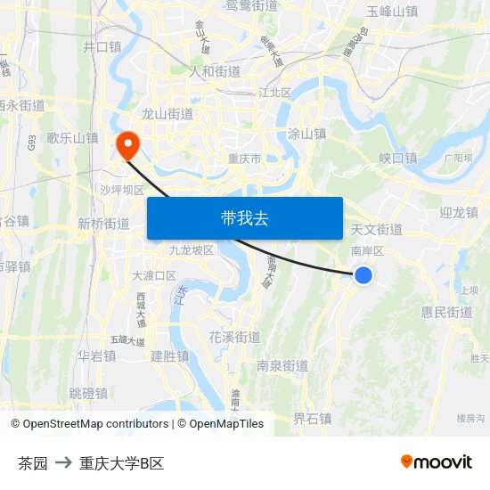 茶园 to 重庆大学B区 map