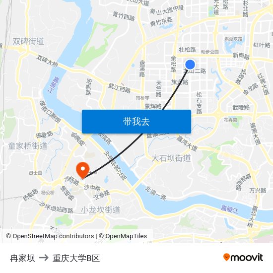 冉家坝 to 重庆大学B区 map