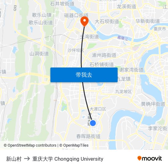 新山村 to 重庆大学 Chongqing University map