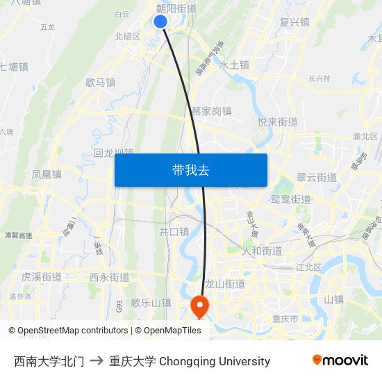 西南大学北门 to 重庆大学 Chongqing University map