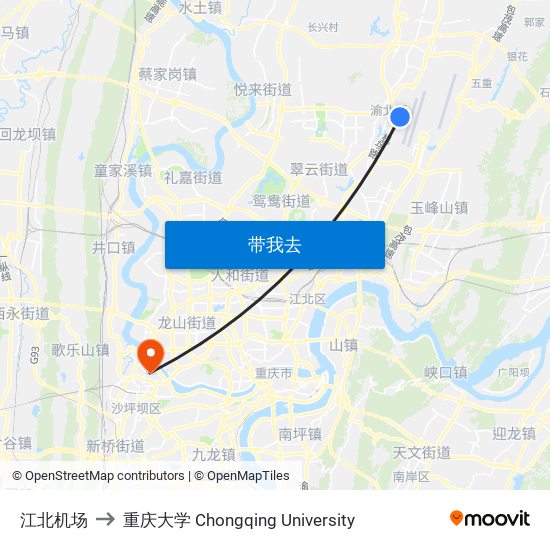 江北机场 to 重庆大学 Chongqing University map