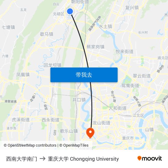 西南大学南门 to 重庆大学 Chongqing University map