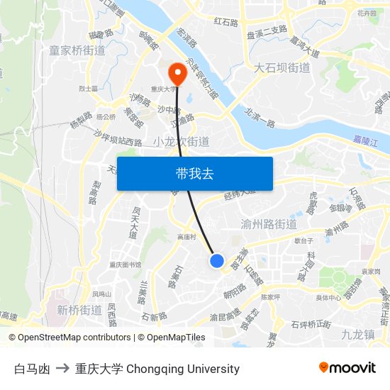 白马凼 to 重庆大学 Chongqing University map