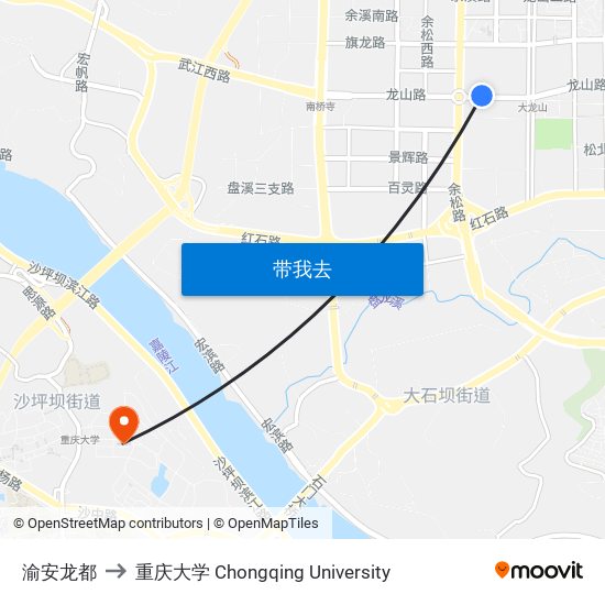 渝安龙都 to 重庆大学 Chongqing University map