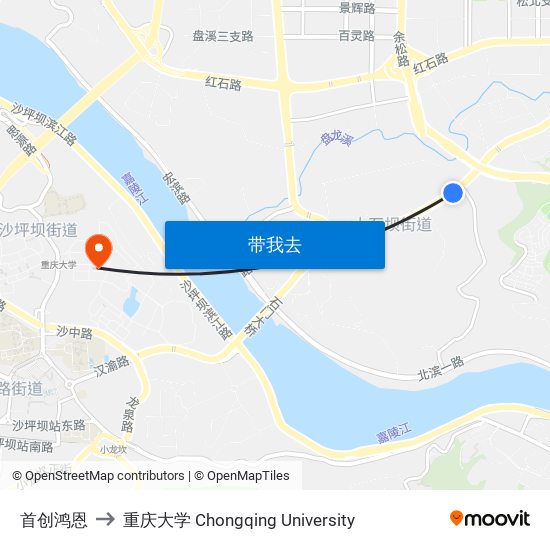 首创鸿恩 to 重庆大学 Chongqing University map