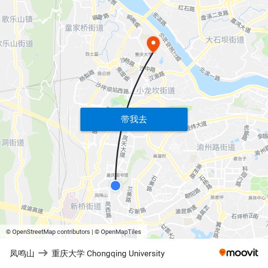 凤鸣山 to 重庆大学 Chongqing University map